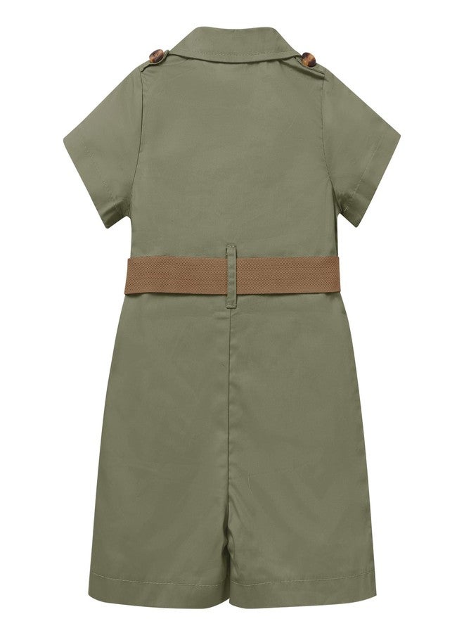 ODOLDI Baby Safari Outfit Wild One Birthday Outfit Girl Short Sleeve Safari Jumpsuit with Hat Toddler Zoo Keeper Army green 18-24 Months - Image 2